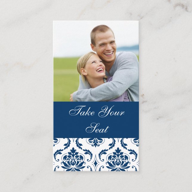 Navy Blue Damask Photo Wedding Place Card (Front)