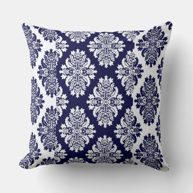 Navy Blue Damask Reversible Pillow. Cushion (Front)