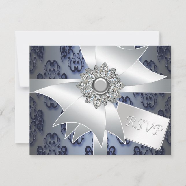 Navy Blue Damask RSVP Card (Front)