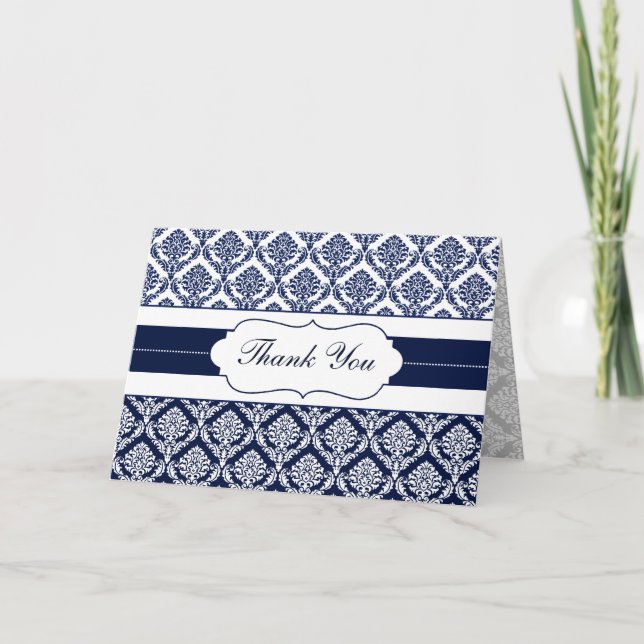 "navy blue" damask ThankYou Cards (Front)