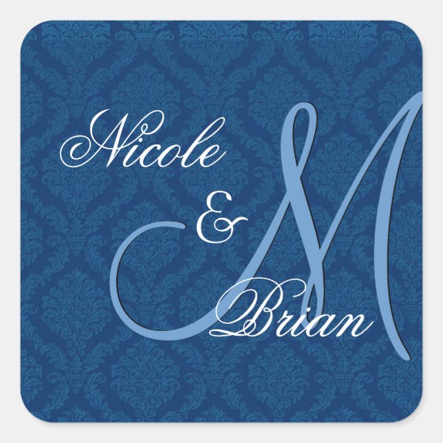 Navy Blue Damask Wedding Bride Groom Monogram Square Sticker (Front)