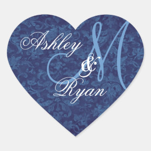 Navy Blue Damask Wedding Custom Monogram Heart Heart Sticker