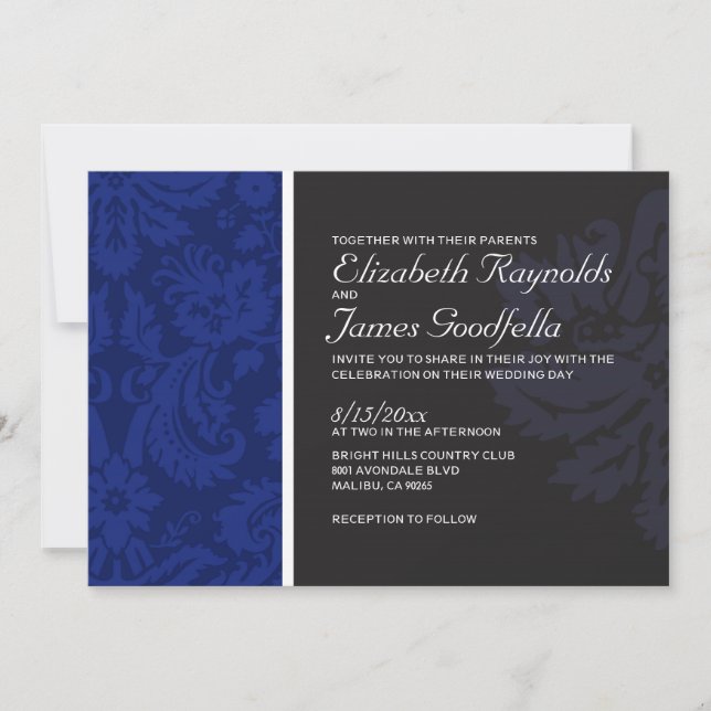 Navy Blue Damask Wedding Invitations (Front)