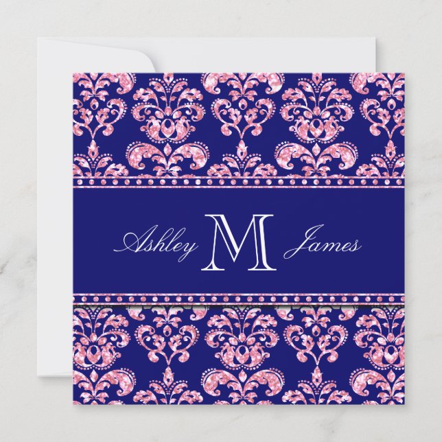 Navy Blue Damask Wedding Printed Pink Glitter Invitation (Front)