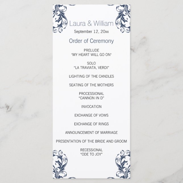 Navy Blue Damask Wedding Program Programme (Front)