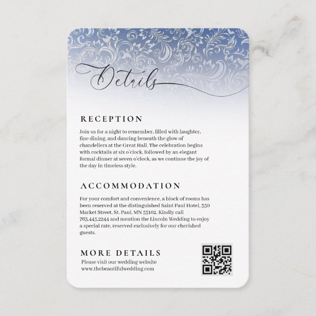 Navy Blue Damask Wedding Reception Details Card (Front)