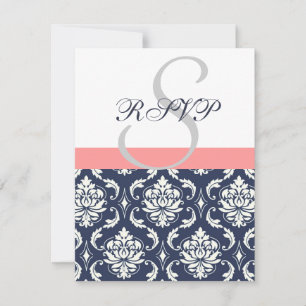 Navy Blue Damask Wedding RSVP Cards Coral