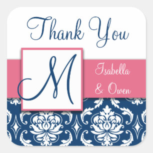 Navy Blue Damask Wedding Sticker Pink
