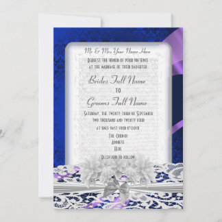 Navy blue damask white lace wedding invitation