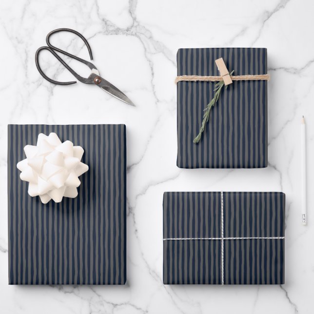 Navy Blue & Dark Gray Wonky Stripes Wrapping Paper Sheet (Front)