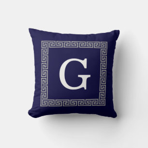 Navy Blue Dark Grey Greek Key #1 Framed Monogram Cushion