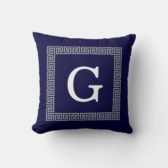 Navy Blue Dark Grey Greek Key #1 Framed Monogram Cushion (Front)