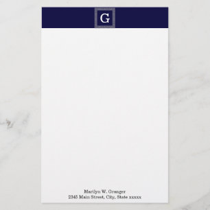 Navy Blue Dark Grey Greek Key #1 Framed Monogram Stationery