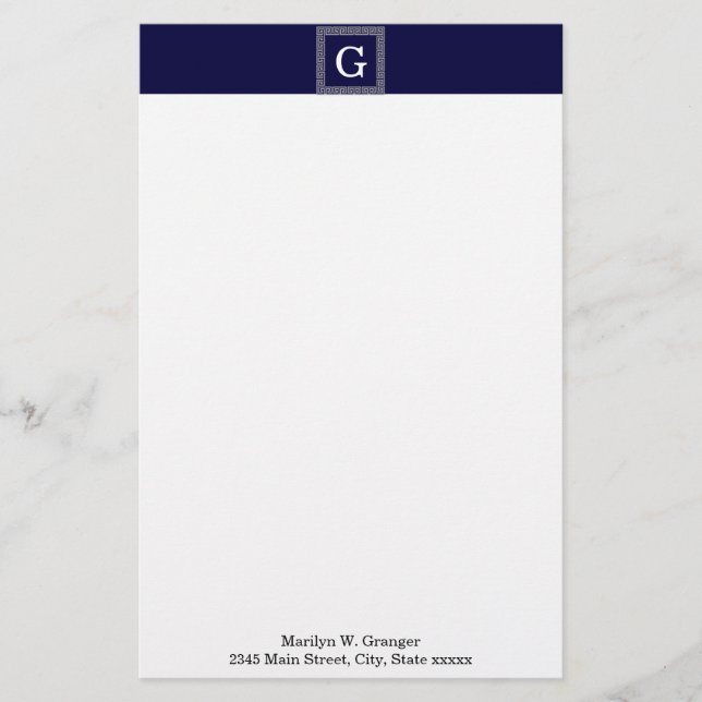Navy Blue Dark Grey Greek Key #1 Framed Monogram Stationery (Front)
