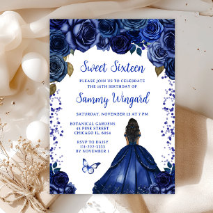 Navy Blue Dark Skin Princess Sweet Sixteen Invitation