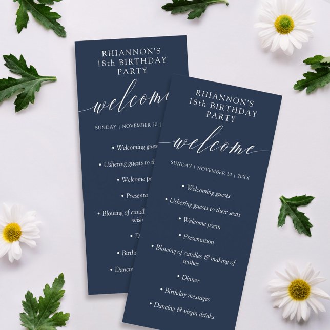 Navy Blue Delicate Calligraphy Birthday Party Programme (Creator Uploaded)
