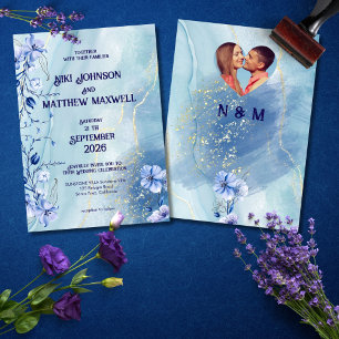 Navy Blue Delphinium Floral Wedding Invitation
