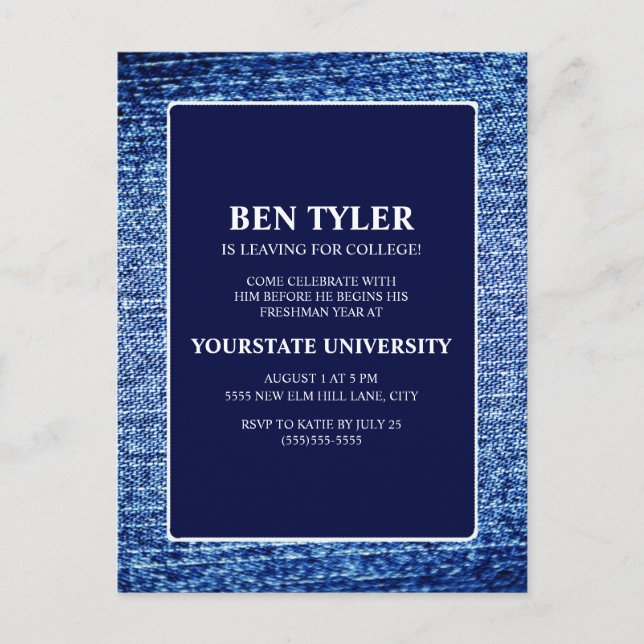 Navy Blue Denim College Trunk Party Invitation Postcard (Front)
