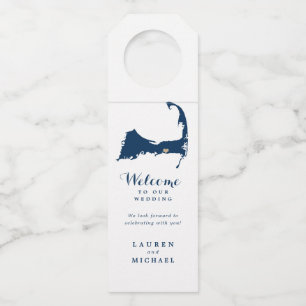 Navy Blue Dennis Cape Cod Map Gold Heart Wedding Bottle Tag