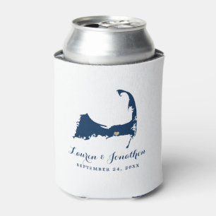 Navy Blue Dennis Cape Cod Map Gold Heart Wedding Can Cooler