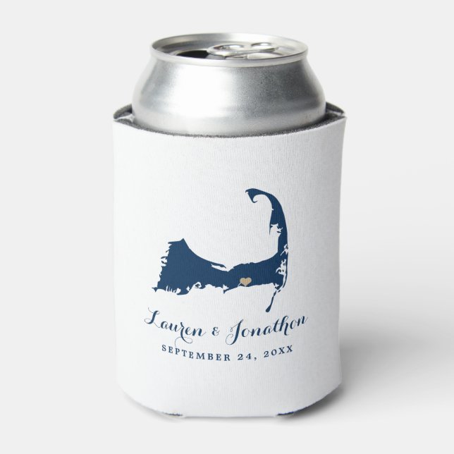 Navy Blue Dennis Cape Cod Map Gold Heart Wedding Can Cooler (Can Front)