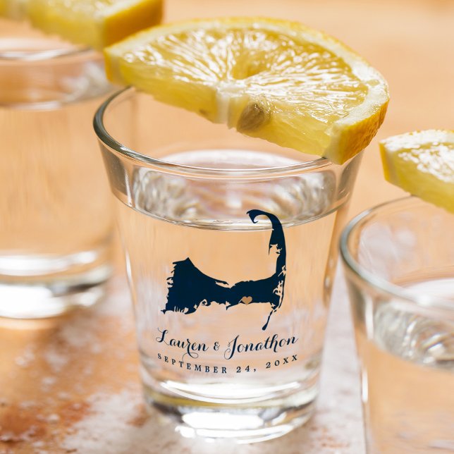 Navy Blue Dennis Cape Cod Map Gold Heart Wedding Shot Glass (Creator Uploaded)