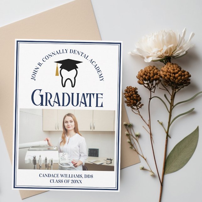 Navy Blue Dental School Photo Custom Graduation Announcement (Creator Uploaded)