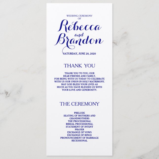 Navy Blue Designer Script Custom Wedding Program Programme (Front)