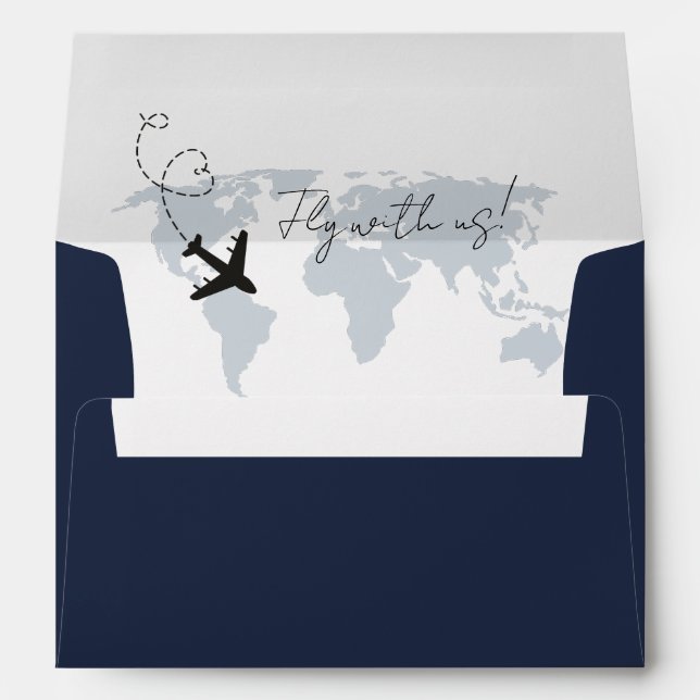 Navy Blue Destination Airplaine World map Wedding Envelope (Back (Bottom))