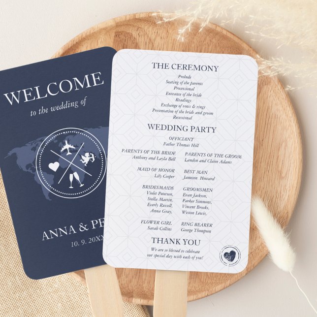 Navy Blue Destination Wedding Passport Program Hand Fan (Travel Wedding Program Hand Fan)