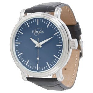 Navy blue dial men's watch with black leather band