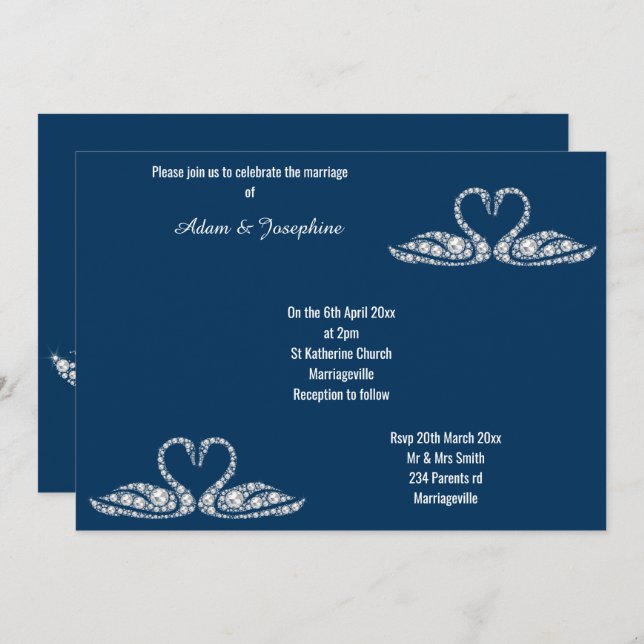 NAVY BLUE DIAMOND SWAN ELEGANT WEDDING INVITATION (Front/Back)
