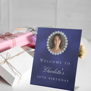 Navy blue diamonds photo birthday party welcome pedestal sign
