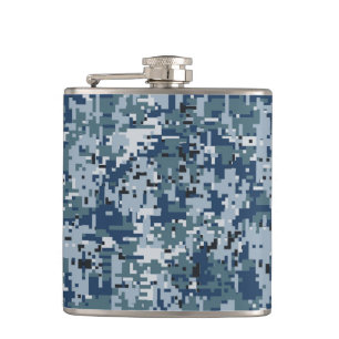 Navy Blue Digital Camouflage Decor Hip Flask