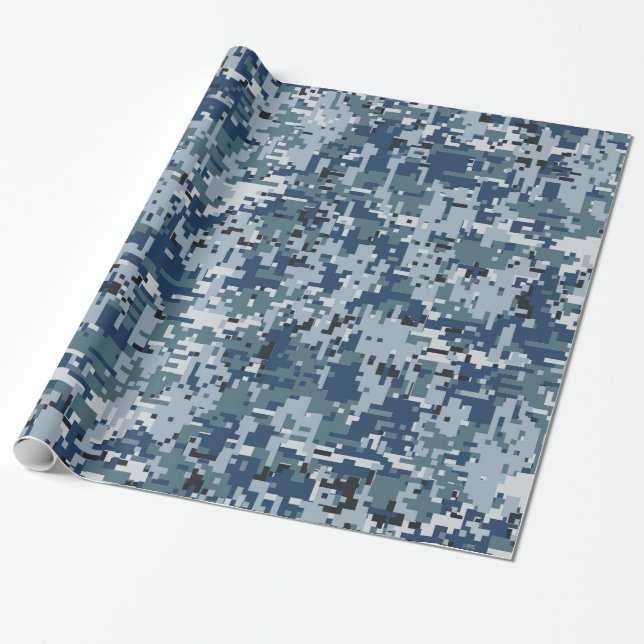 Navy Blue Digital Camouflage Decor Wrapping Paper (Unrolled)