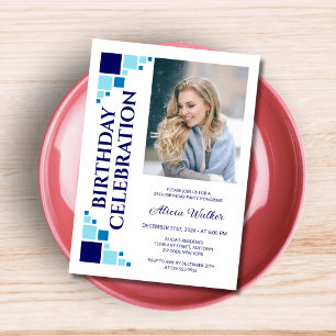 Navy Blue Digital Frame Corner Photo Birthday  Invitation