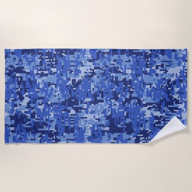 Navy Blue Digital Pixels Camouflage Decor on a Beach Towel (Front)