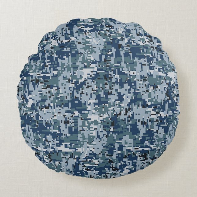 Navy Blue Digital Pixels Camouflage Decor Round Cushion (Front)