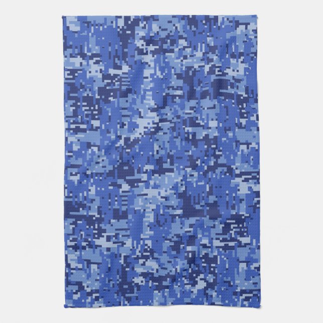 Navy Blue Digital Pixels Camouflage Texture Decor Tea Towel (Vertical)