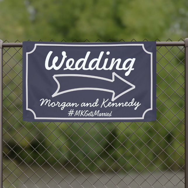 Navy Blue Direction Arrow Right Wedding Banner (If your wedding is pointing to the right, here's the banner just for you. Add your names!)