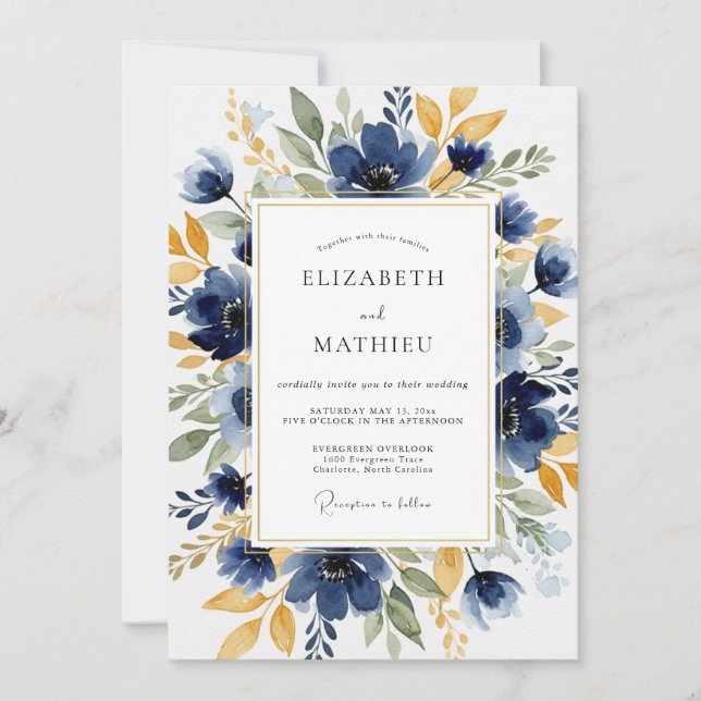 Navy Blue Distinguished Botanical Wedding Invitation (Front)
