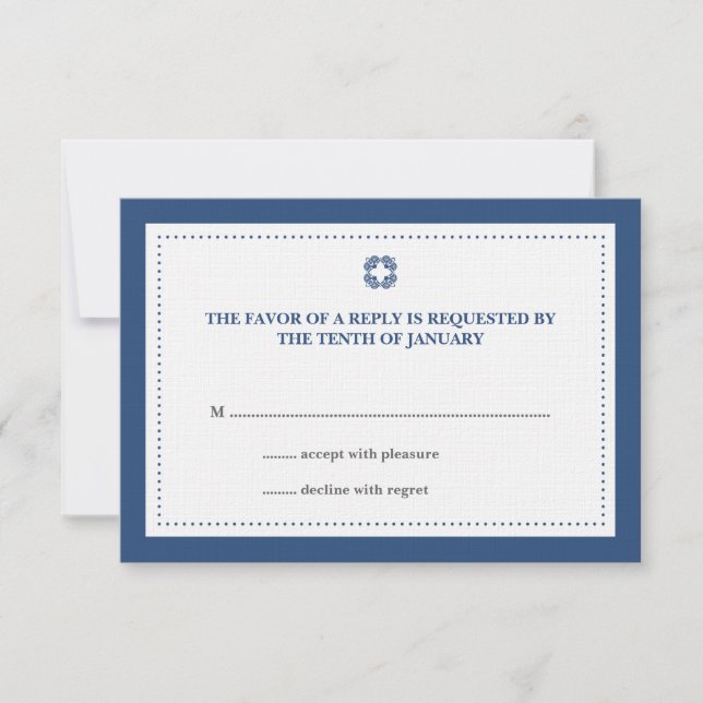 Navy blue dotted border wedding rsvp response (Front)