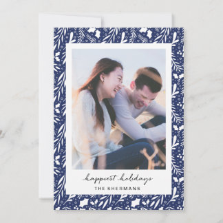Navy Blue Dotted Greens Custom Photo Holiday Card