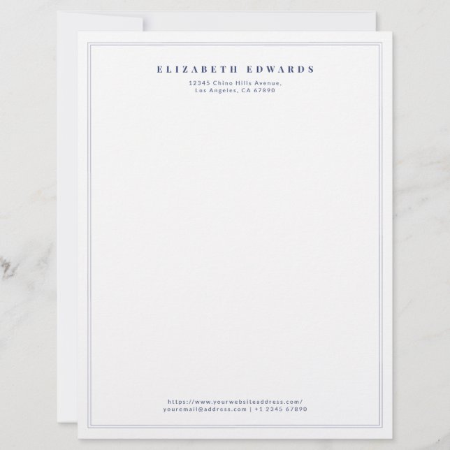 Navy Blue Double Border Simple Elegant Minimalist Custom Letterhead (Front)