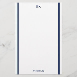 Navy Blue Double Lines Monogram & Name Stationery