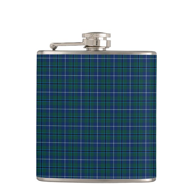 Navy Blue Douglas Clan Modern Scottish Plaid Hip Flask (Front)
