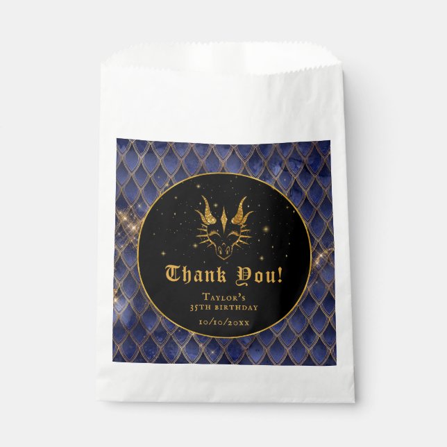 Navy Blue Dragon Scales Gold Birthday Thank You Favour Bags (Front)