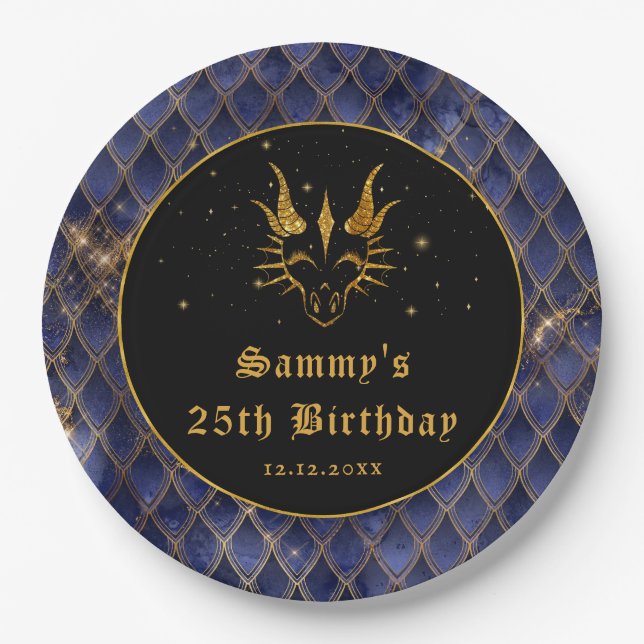 Navy Blue Dragon Scales Gold Faux Glitter Birthday Paper Plate (Front)