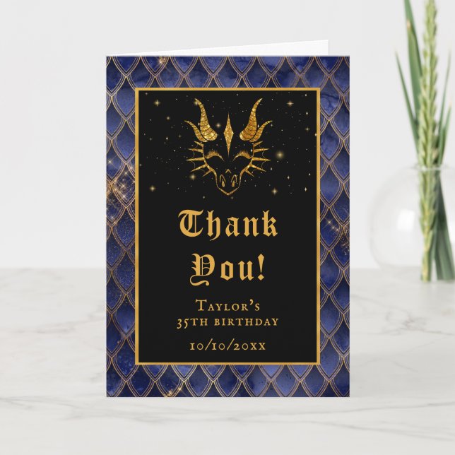 Navy Blue Dragon Scales Gold Faux Glitter Birthday Thank You Card (Front)