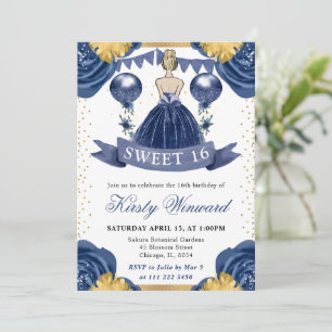 Navy Blue Dress Blonde Haired Princess Sweet 16 Invitation